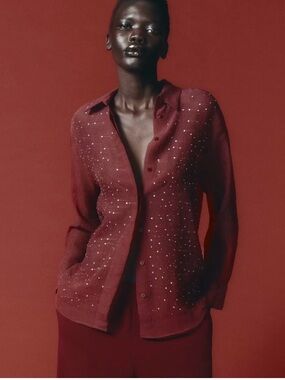 Zara front beaded burgundy shirt semi sheer new with tags